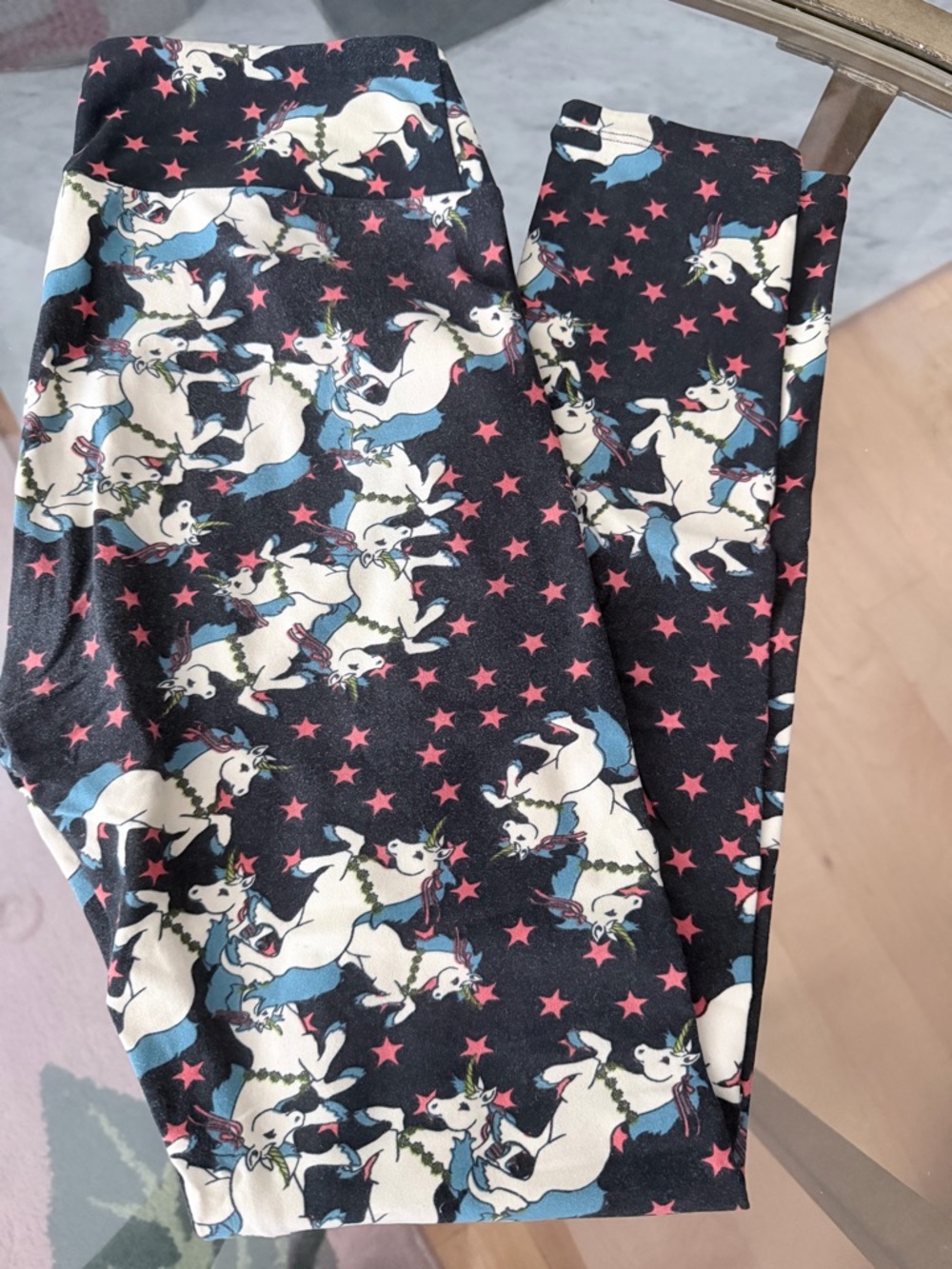 LuLaRoe Black Unicorn Print Leggings with Pink Stars and Blue Accents